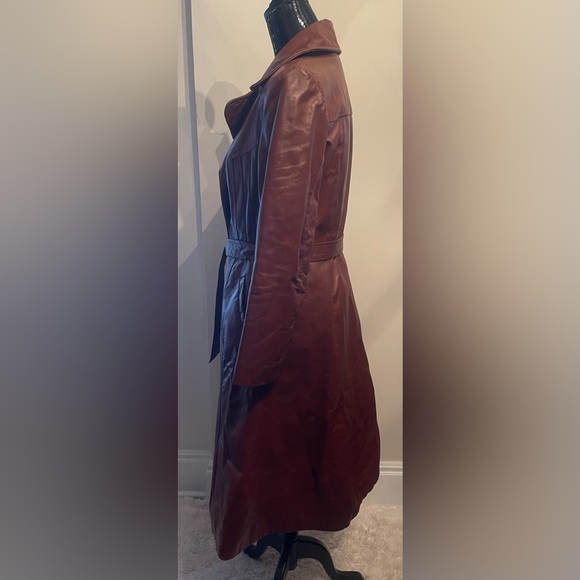 Vintage 1970s Opera Brown Leather Trench Coat Size 10 - Picture 3 of 14